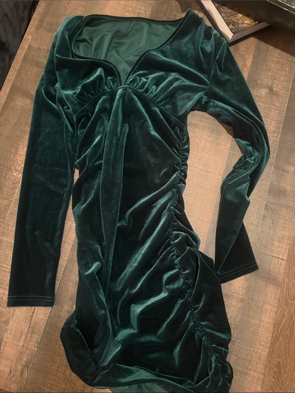 Velvet Ruched Long Sleeve Dress - Deep Emerald M